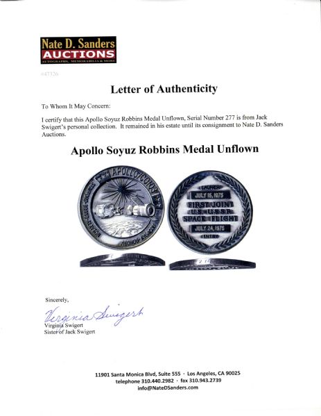 Jack Swigert's Personally Owned Apollo-Soyuz Test Project Robbins Medal Unflown, Serial Number 277