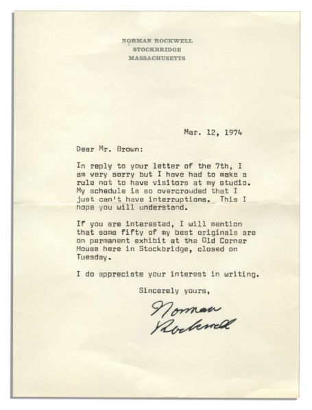 Norman Rockwell Typed Letter Signed -- ''...I am very sorry but I have had to make a rule not to have visitors at my studio...''