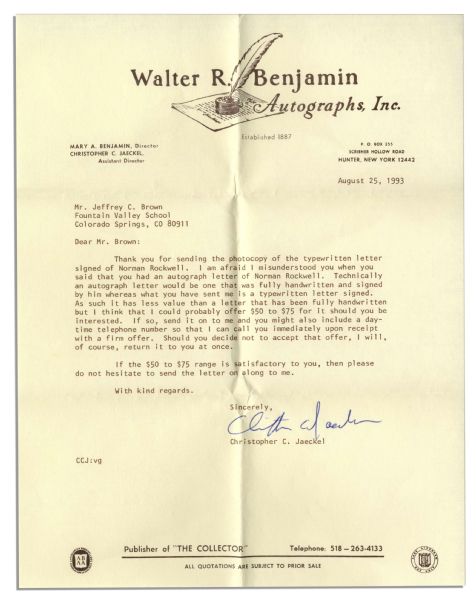 Norman Rockwell Typed Letter Signed -- ''...I am very sorry but I have had to make a rule not to have visitors at my studio...''