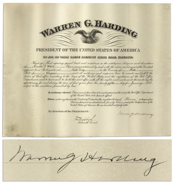 Warren G. Harding Document Signed as President