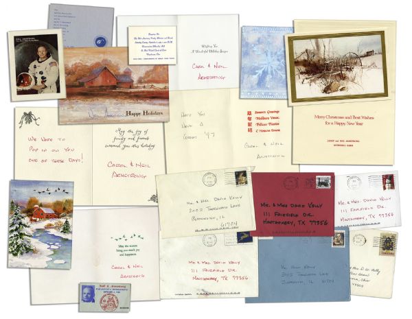 Lot of Cards Signed by Neil Armstrong -- Armstrong Ceased Signing Autographs in 1994 But Still Signed Cards to Close Friends -- With Invitation to The Launch of Apollo 11 & More