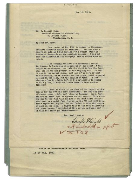Orville Wright Typed Letter Signed & Document Signed in Type From The National Aeronautic Association -- ''...it was by merest chance that any of us were present at the landing...''