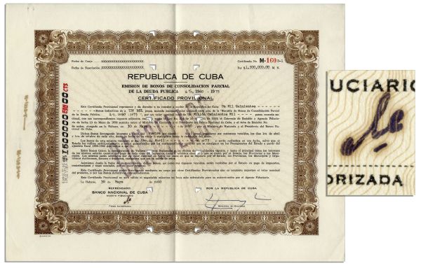 Rare Che Guevara 1.5 Million Bond Signed as President of The National Bank of Cuba in 1960