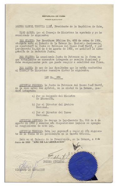 Fidel Castro Law Document Signed as Cuba's Prime Minister