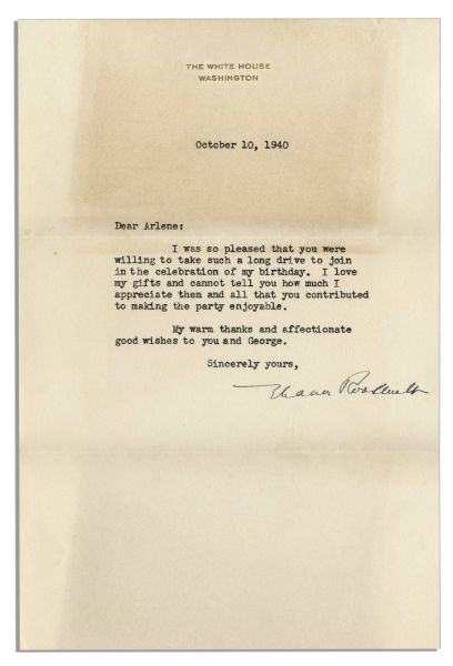 Eleanor Roosevelt Typed Letter Signed as First Lady on White House Stationery