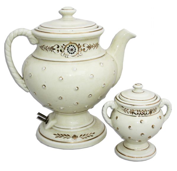 Marlene Dietrich Personally Owned Gilt-Embellished Ceramic Coffee Percolator Pot & Matching Lidded Sugar Bowl