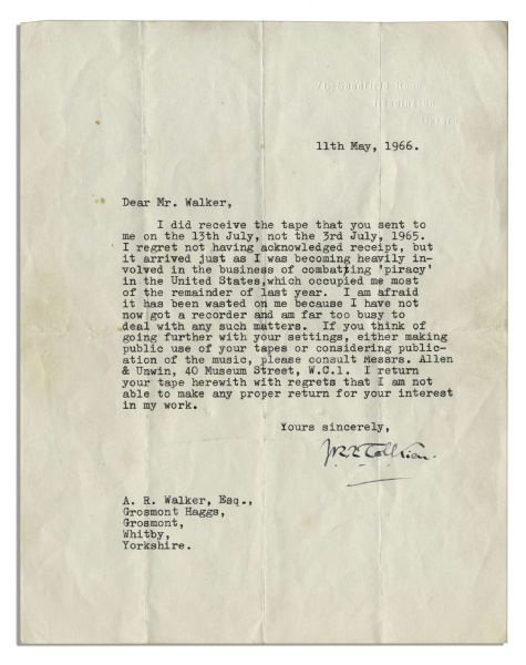 J.R.R. Tolkien Typed Letter Signed Discussing Piracy of His Works -- ''...I was becoming heavily involved in the business of combating 'piracy' in the United States...''