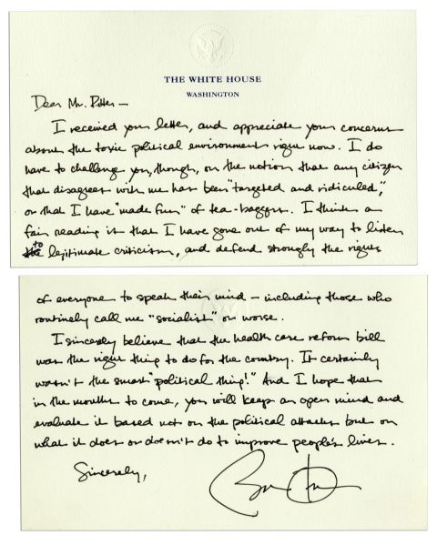Barack Obama Autograph Letter Signed as President Defending His Legacy -- ''...the health care reform bill was the right thing to do...It certainly wasn't the smart 'political thing!'...''
