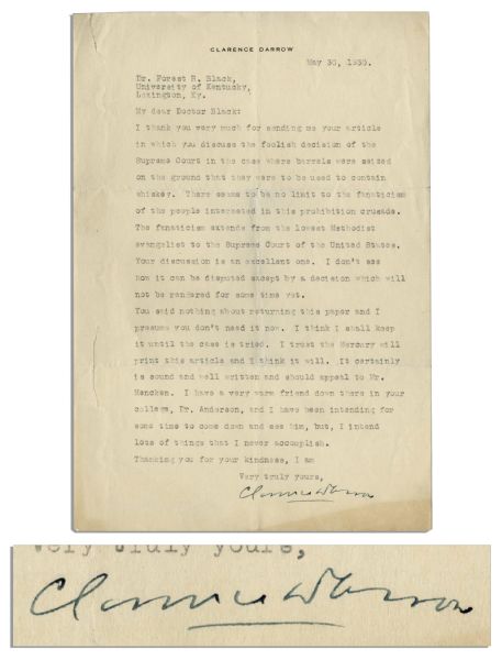 Famed Scopes Trial Attorney Clarence Darrow Typed Letter Signed -- ''... There seems to be no limit to the fanaticism of the people interested in this prohibition crusade...''