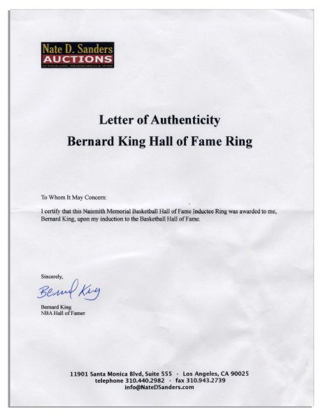 Bernard King's Basketball Hall of Fame Ring