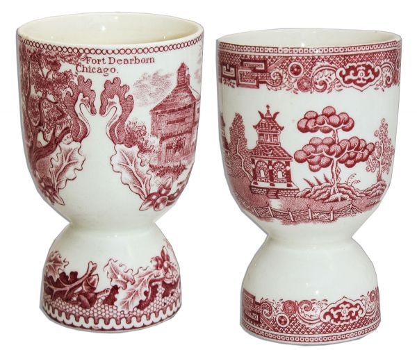 Marlene Dietrich Personally Owned Set of Red Transferware Double Egg Cups
