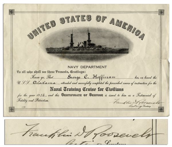 Early Franklin D. Roosevelt Document Signed as Acting Secretary of the Navy in 1916