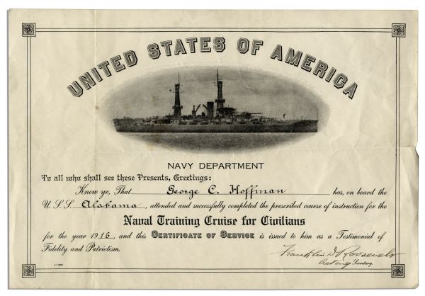 Early Franklin D. Roosevelt Document Signed as Acting Secretary of the Navy in 1916