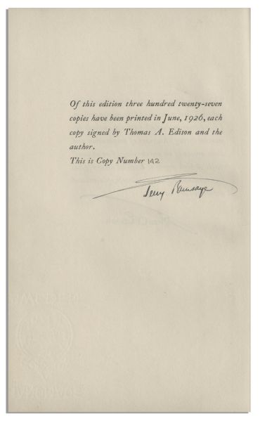 Thomas Edison & Terry Ramsaye ''A Million And One Nights: A History of The Motion Picture'' Signed Edition -- #142