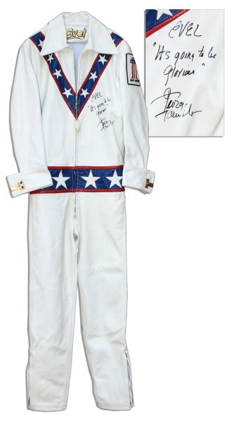 Evel Knievel memorabilia George Hamilton Signed Evel Knievel Suit -- From Production of Biographical Film ''Evel Knievel'' Starring Hamilton as The Motorcycle Hero