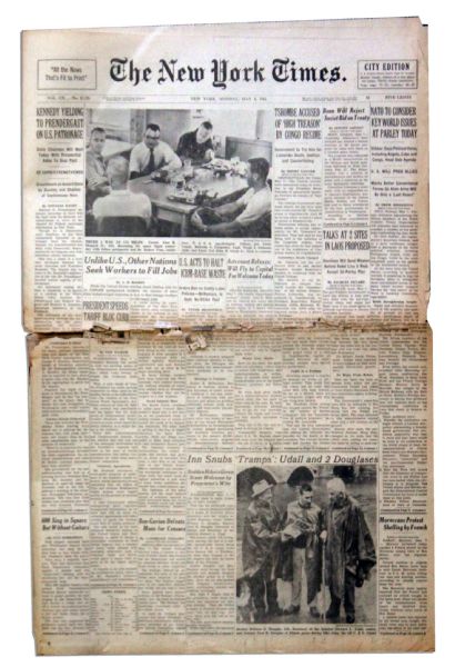 ''New York Times'' Dated 8 May 1961 of First U.S. Man in Space -- Fair Condition