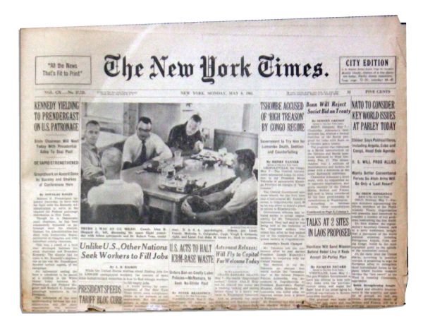 ''New York Times'' Dated 8 May 1961 of First U.S. Man in Space -- Fair Condition