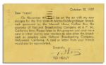 Ted Healy Signed Postcard -- 1937 -- ...I will be on the air with my new Stooges for the first time...