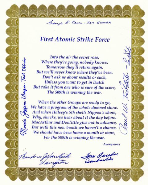 Enola Gay Poem Signed by Five Crew Members Including Tibbets, Jeppson, Caron & Ferebee