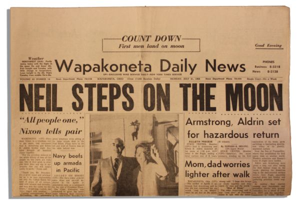 Neil Armstrong's Hometown Newspaper Announcing the Apollo 11 Moonwalk -- Includes Numerous Articles on Apollo 11 Mission & a Photograph of Armstrong's Parents