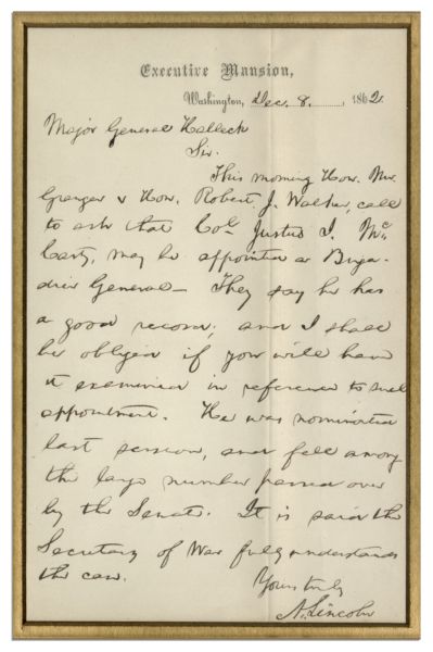 Long Abraham Lincoln Autograph Letter Signed as President on Executive Mansion Stationery Regarding a Brigadier General Appointment