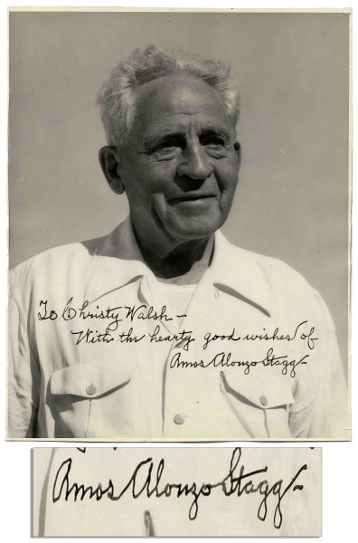 Football Star & Legendary Coach Amos Alonzo Stagg 8'' x 11'' Signed Photo -- Inscribed to Christy Walsh