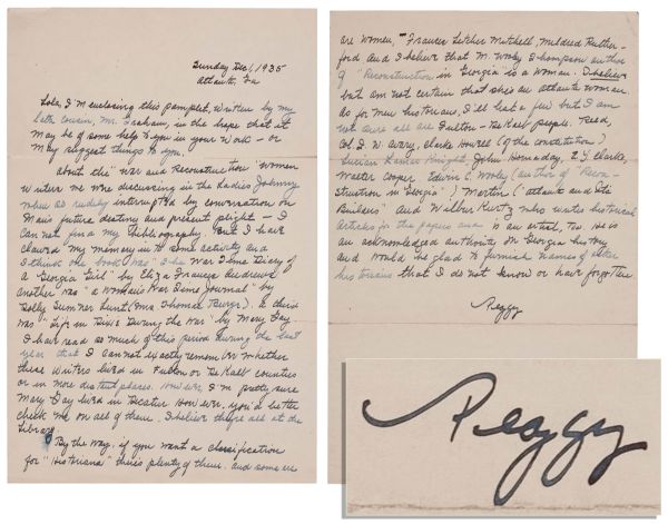 Wonderful Margaret Mitchell Autograph Letter Signed ''Peggy'' -- Revealing Female Writers and Historians Who Influenced ''Gone With the Wind'' -- 1935