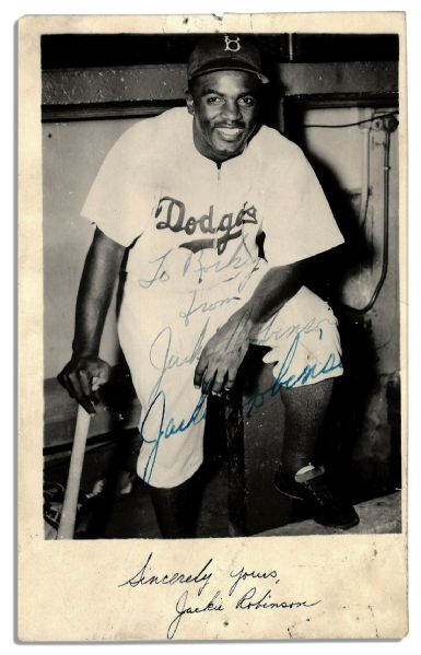 Hall of Famer Jackie Robinson Twice-Signed Photo Postcard -- With PSA/DNA COA for Both Signatures