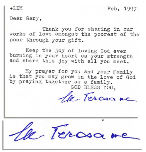Mother Teresa Typed Letter Signed -- ''...Keep the joy of loving God ever burning in your heart as your strength...''