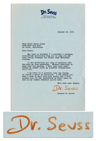 Dr. Seuss Letter Signed -- ''...I am still in a horrific time jam trying to finish a movie in Hollywood...'' -- Seuss Likely Refers to TV Adaptation of ''Cat in the Hat''