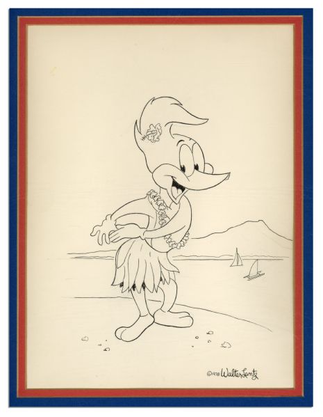 Walter Lantz Signed Sketch of Woody Woodpecker as a Hula Dancer