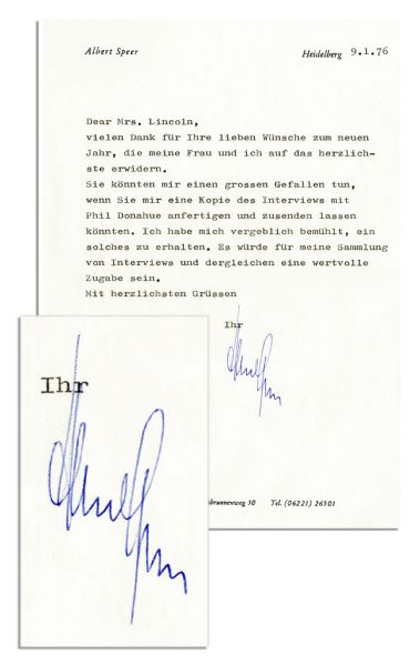 Albert Speer Letter Signed -- ''...You could do me a huge favor if you could make me a copy of the interview with Phil Donahue...'' -- 1976