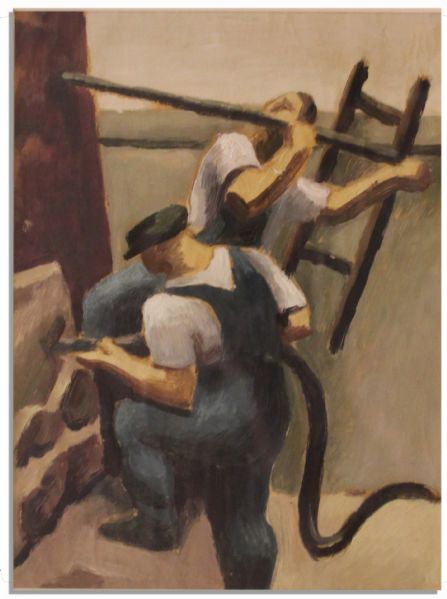 Thomas Hart Benton Oil Painting on Paper -- ''Construction Workers'' -- Circa 1923