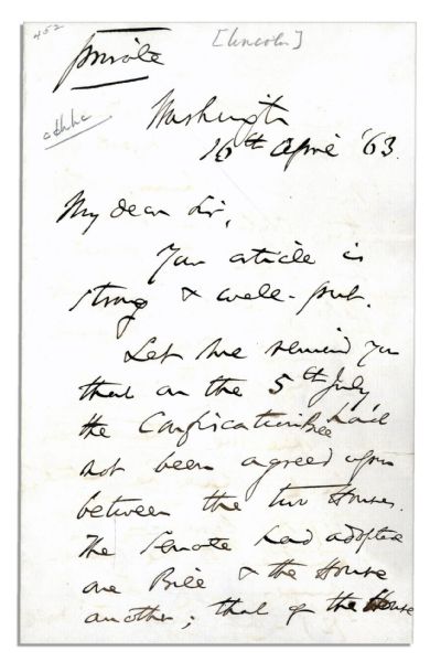Charles Sumner 1863 Autograph Letter Signed as Senator -- Regarding Slavery & a Detailed Critique of the Confiscation Act -- ''...No expression of harshness to the slavemongers...''