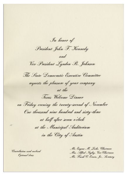 Lot of 25 Invitations to the Dinner Welcoming President Kennedy to Texas the Night of His Assassination