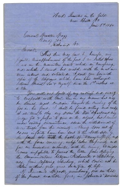 General Beauregard June 1864 Autograph Letter Signed With Additional AES -- ''...co-operate  with  Genl.  Lee  in  any  manner...towards  the  crushing  of  the  foe  in  his  front...''
