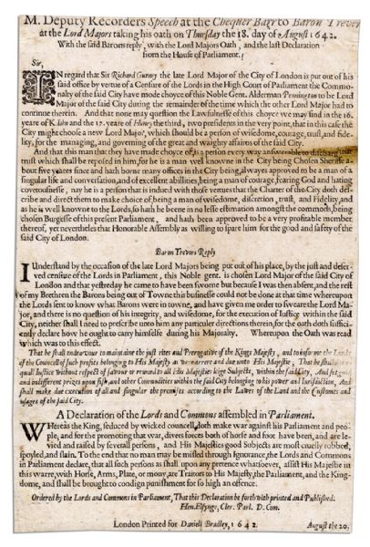 Charles I English Civil War Broadside -- ''...Whereas the King, seduced by wicked councell, doth make war against his Parliament and people...'' -- 1642