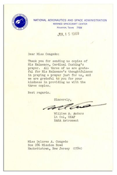 Astronaut William Anders 1969 Typed Letter Signed on NASA Stationery -- ''...All three of us are grateful for His Eminence's thoughtfulness in praying a prayer just for us...''