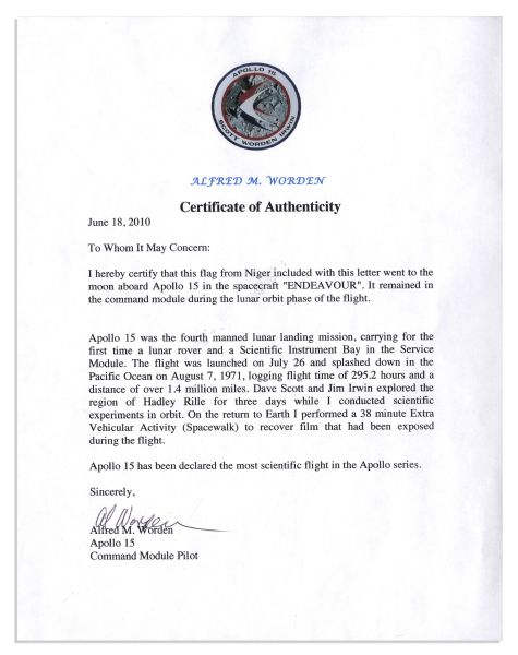 Apollo 15 Flown Niger Flag -- Signed & Inscribed by Al Worden