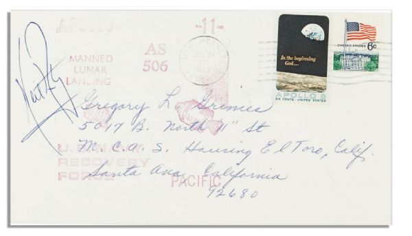 Neil Armstrong Signed Cover Paying Tribute to the Splashdown Recovery -- Cancelled Onboard the U.S.S. Hornet