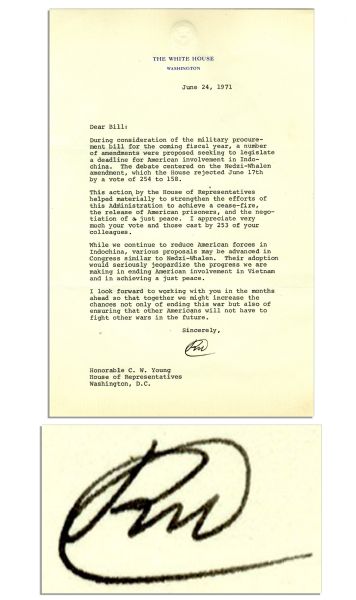 Richard Nixon Letter Signed as President Regarding Vietnam -- ''...this Administration to achieve a cease-fire, the release of American prisoners, and the negotiation of a just peace...''