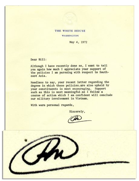 As President, Richard Nixon 1972 Letter Signed Regarding Vietnam -- ''...a course of action which I am confident will conclude our military involvement in Vietnam...''