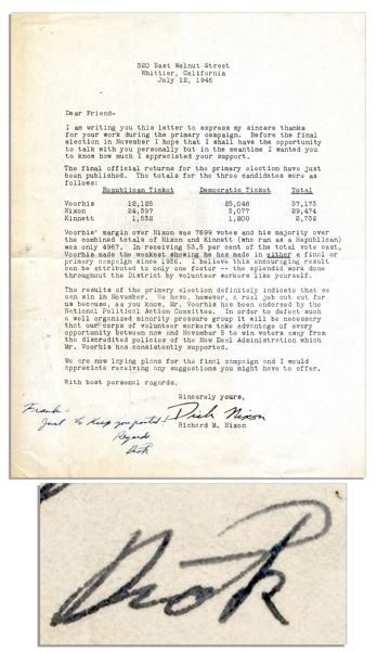 1946 Richard Nixon Campaign Letter With Autograph Note Signed -- ''...take...every opportunity...to win voters away from the discredited policies of the New Deal Administration...''