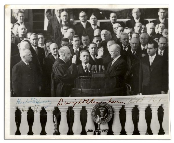 Multi-Presidential Signed Photo: Eisenhower, Truman, Hoover & Nixon Sign a Photo of Eisenhower's Inauguration -- Framed in Wood From Inauguration Stand -- With PSA/DNA COA for All Signatures
