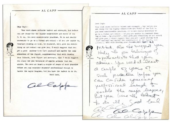 Two Al Capp Letters Signed to an Aspiring Artist Fan -- ''...get a good anatomy book (art anatomy) and master the construction of the figure...''