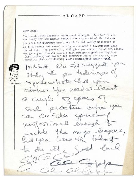 Two Al Capp Letters Signed to an Aspiring Artist Fan -- ''...get a good anatomy book (art anatomy) and master the construction of the figure...''