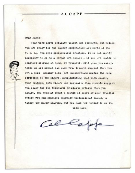 Two Al Capp Letters Signed to an Aspiring Artist Fan -- ''...get a good anatomy book (art anatomy) and master the construction of the figure...''