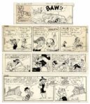 Lot of 4 Lil Abner Comic Strips From 1976 -- Hand-Drawn & Signed by Capp Featuring Daisy Mae, Lil Abner, A Shmoo & Honest Abe -- Sizes Vary, Approximately 19.5 x 6.25