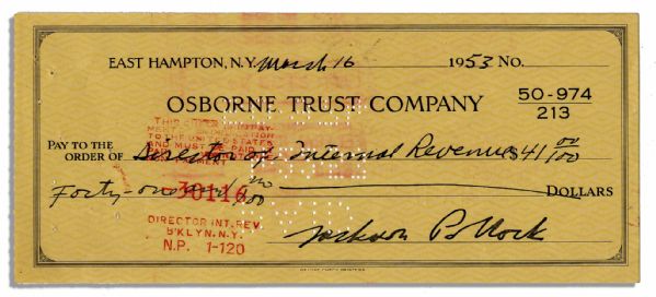 Jackson Pollock Check Signed to Pay His Taxes in 1953, Three Years Before His Untimely Death at Age 44 -- Very Rare