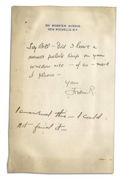 Artist & Sculptor Frederic Remington Autograph Letter Signed With Art Content -- ''...Did I leave a small palate knife on your window sill...''